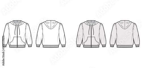 Zip-up cropped cotton-jersey hoodie technical fashion illustration with puffed shoulders, elbow sleeves, front pocket. Flat jumper template front back white grey color. Women men unisex sweatshirt top