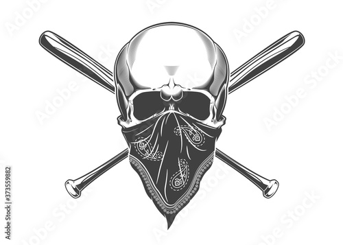 Vintage monochrome skull with bandana and crossed baseball bats illustration. Isolated vector template