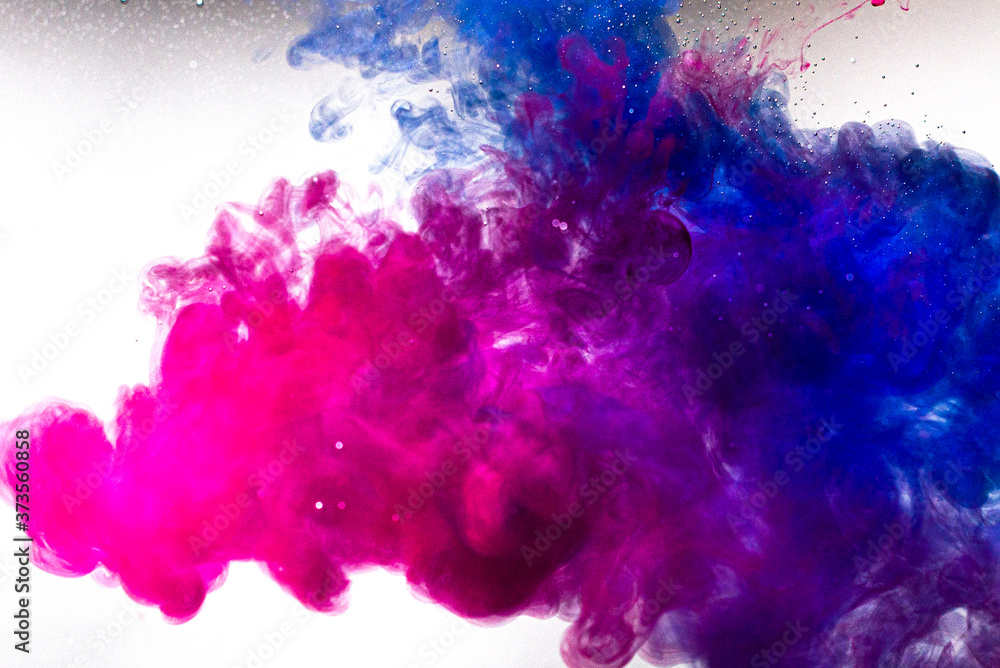 A cloud of pink and blue paint released into clear water. Isolate on a white background.