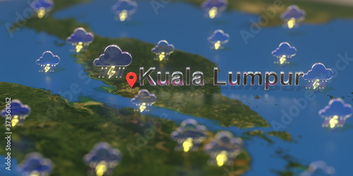 Canvas Print Stormy weather icons near Kuala lumpur city on the map, weather forecast related