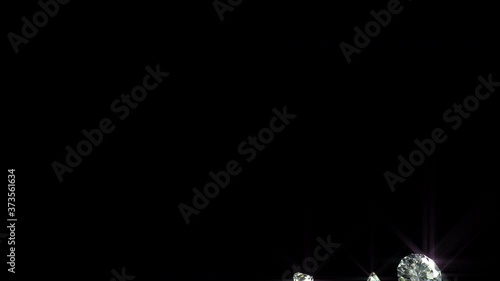 4K Shiny beautiful diamonds Fallen with reflection. Transparent Alpha Channel and Luma Matte, ProRes 4444 12bit codec. Isolated on black background. 3D render. Back Focus. Depth of Field. Slow Motion.