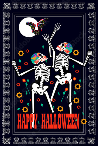 Happy Halloween background with skulls dancing on the Moonlight, flowers, bat and text
