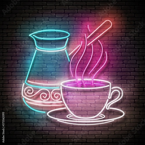 Vintage Glow Signboard with Decorated Cezve and Cup of Coffee