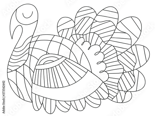 Peaceful alive turkey bird vector coloring page for kids. Elegance traditional thanksgiving day bird black and white illustration. Detailed ornamental domestic turkey bird for happy thanksgiving day
