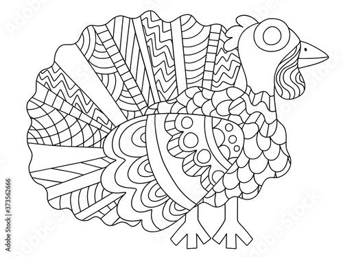 Happy thanksgiving day funny cartoon turkey coloring page stock vector illustration. Young alive turkey bird with big tail stands in profile cartoon coloring page. Ornamental turkey bird black outline