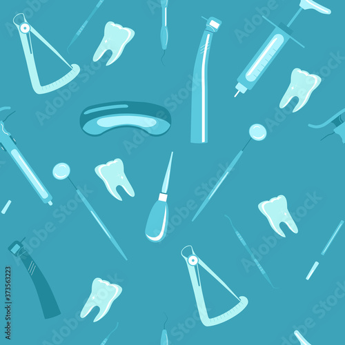 Dental tools or instruments  seamless pattern.Orthodontic prosthetics and filling,treatment of diseases of the oral cavity,caries.Tweezers,drill bit,spatula,dental crown micrometer.Vector for clinic