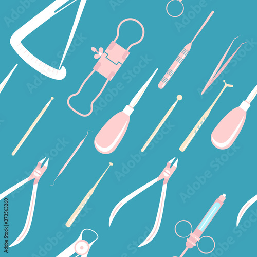 Dental tools or instruments  seamless pattern.Orthodontic prosthetics and filling,treatment of diseases of the oral cavity and caries.Tweezers,probe,spatula, dental crown micrometer.Print for planner