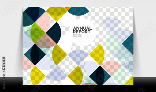 Horizontal A4 business flyer annual report template, circles and triangle style shapes modern geometric design for brochure layout, magazine or booklet