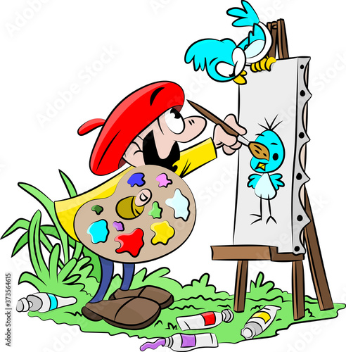 Cartoon artist working on a canvas painting a picture of his blue bird friend vector illustration