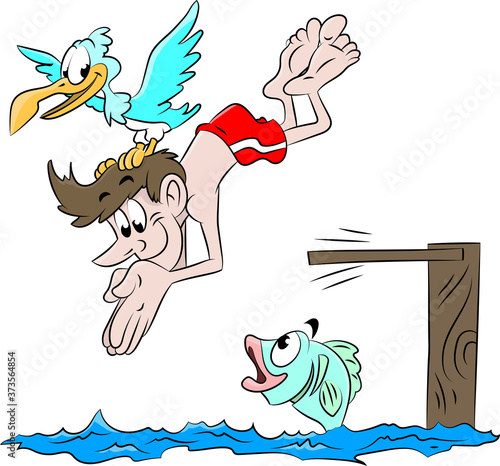 Cartoon man on vacation diving into the sea vector illustration