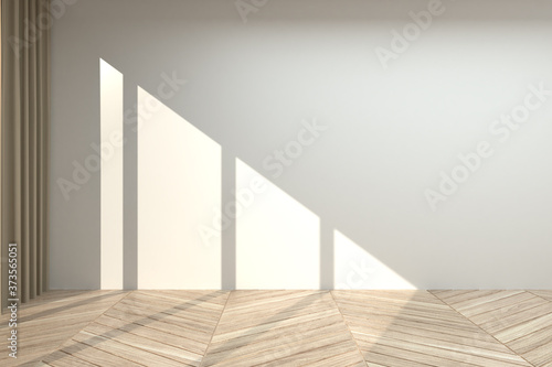 Empty room mockup with white wall  light brown curtain and tweed wooden floor. 3d illustration.