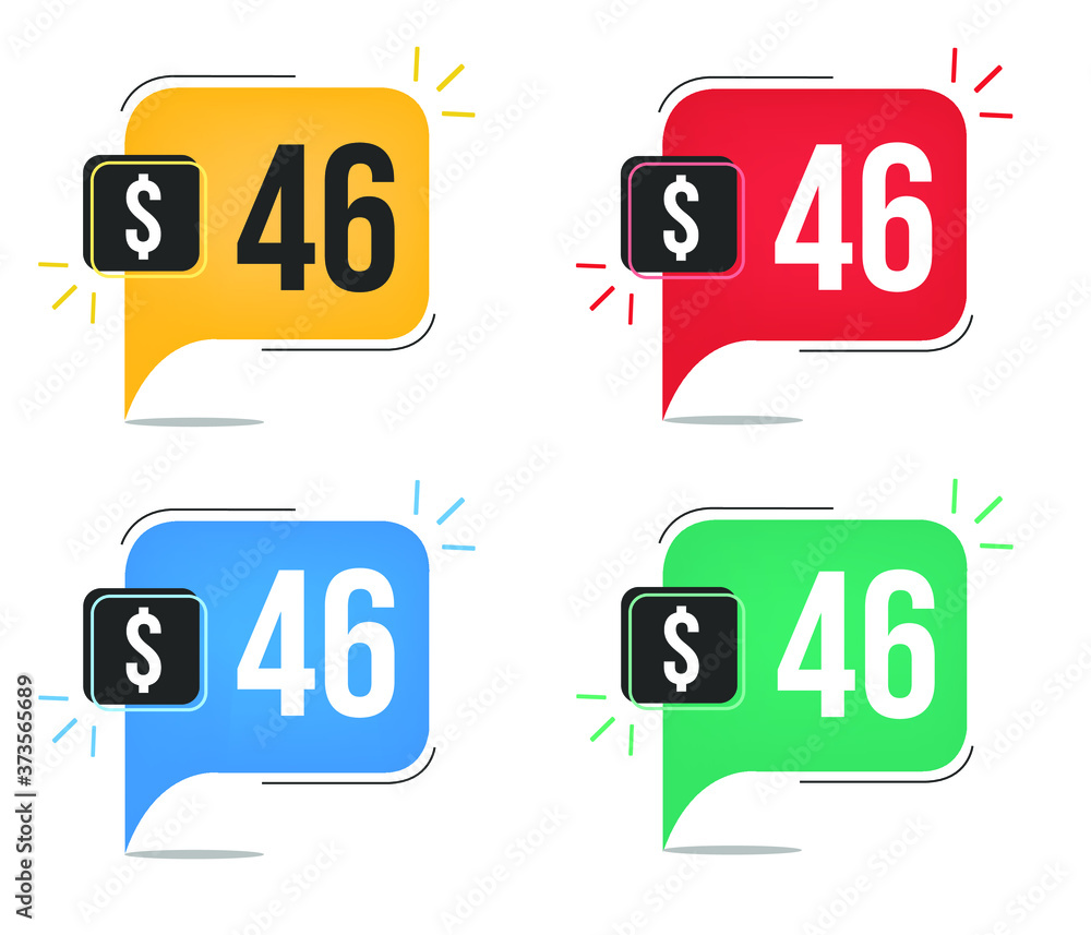 46 dollar price. Yellow, red, blue and green currency tags with speech balloon concept vector. 46 dollar price. Yellow, red, blue and green currency tags with speech balloon concept vector.