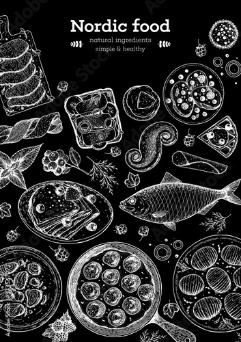 Scandinavian cuisine sketch collection. Hand drawn vector illustration. Food menu design template, engraved elements. Scandinavian food set. Smorgasbord illustration