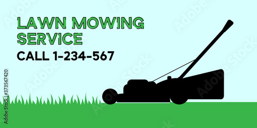 Flat vector illustration of lawn mowing service flyer. Modern lawnmower cutting green grass. Banner for landing page, web, app. Concept of gardening service