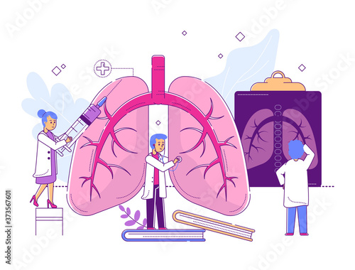Character professional doctor, tiny male female scientific staff study line organ disease isolated on white, flat vector illustration. Woman hold syringe medicine, man physician lung research.