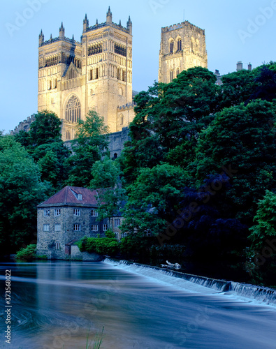 Durham Cathedral Floodlit at Night Over River Wear