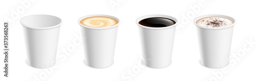 White realistic coffee mug. Hot cup latte mocha cocoa cappuccino, americano or espresso for breakfast. Isolated 3d takeaway drink vector set. Cappuccino cup, mug mocha illustration