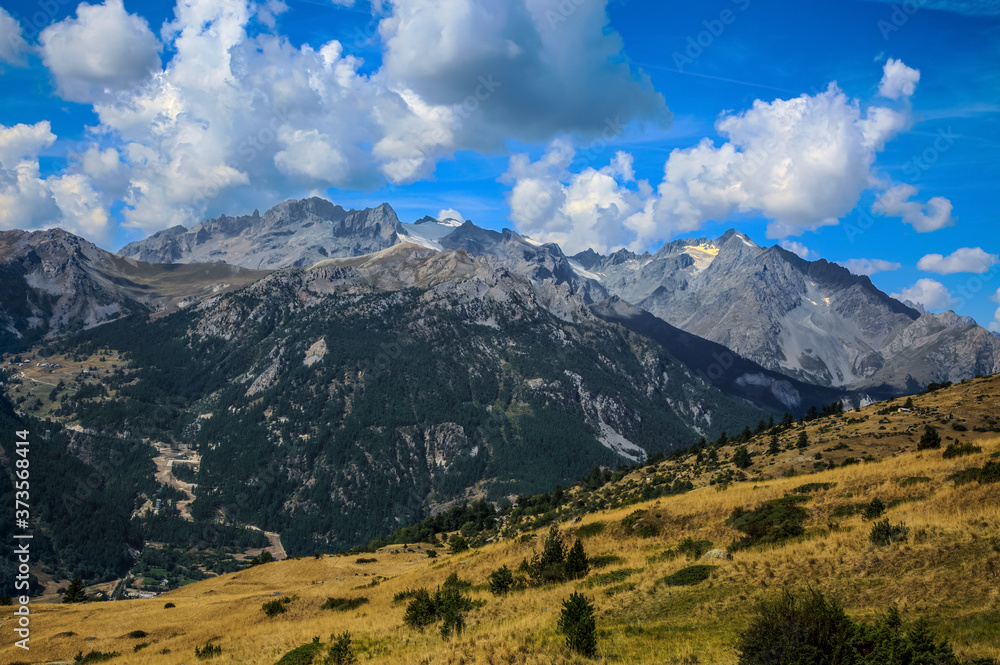 Image of  the Massif des Ecrins seen from the road climbing to Col du Granon.