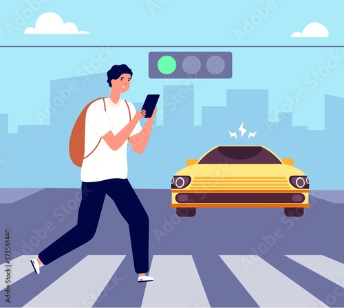 Crosswalk accident. Pedestrian walk crossing street, traffic danger. Man with smartphone violates road rules. Attention vector illustration. Accident crosswalk, road traffic street danger