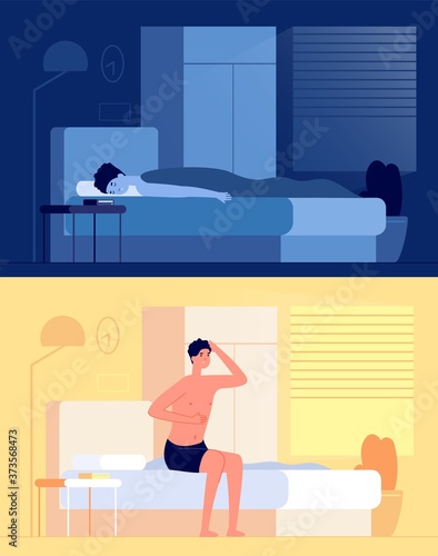 Wake up man. Sleep boy, resting guy after sleeping in morning fresh room. Flat bedroom, early waking and yawning person vector illustration. Sleep boy and early get up in bedroom