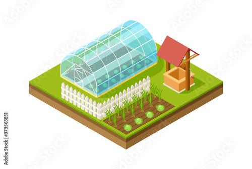 Isometric greenhouse. Gardening and planting, rural lifestyle. Landscape garden design project, 3d modelling vector illustration. Isometric agriculture, greenhouse farm with vegetable