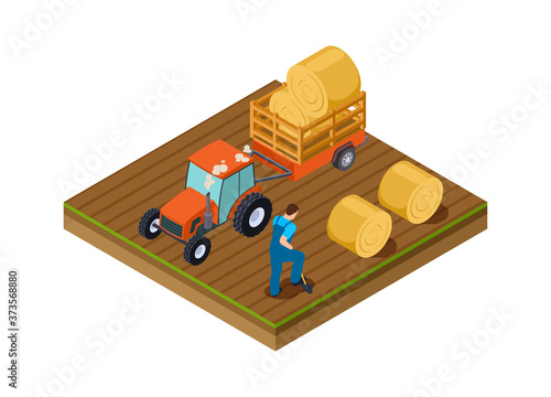 Tractor lorry. Agricultural work, man digs ground. Isometric plantation, harvesting time vector illustration. Tractor farming countryside, machine agriculture working