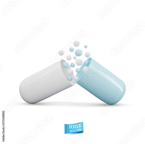 Vector medical template. Opened blue-white capsule with lighte-blue and white balls, isolated on white background. Element for design. Realistic illustration. 3d