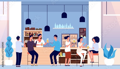 Friends in beer bar. Flat people with glasses, waiter and happy man woman. Cafe interior, guys drinking alcohol. Group of adults on friday evening or party vector illustration. Alcohol beer pub