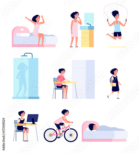 Girl daily routine. Cute child morning, kid every day activity schedule. Cartoon baby playing, doing exercises hygiene vector set. Girl routine daily, cartoon character eat and education illustration