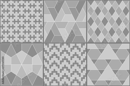 Collection of six ethnic seamless patterns. Rhombuses, diamonds, lozenges, triangles, hexagons, crosses motif. Folk prints. Geometrical ornaments set. Tribal wallpapers. Abstracts images. Vector arts.