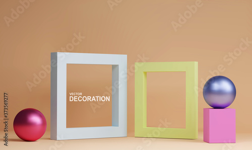 Abstract scene with frames, cube and spheres. Realistic vector illustration. Modern Template for design, advertising, product promotion, presentation, banner in pastel colors