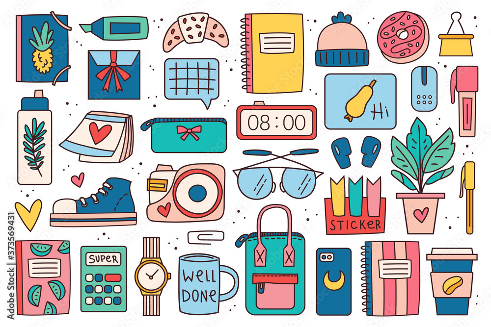 Back to school big clip art, set of elements, stickers. Office stuff, stationery. Notebook, glasses, bag, pen, marker, plant, lap top, clock, coffee, accessory, device, decor. Colorful doodle design. Back to school big clip art, set of elements, stickers. Office stuff, stationery. Notebook, glasses, bag, pen, marker, plant, lap top, clock, coffee, accessory, device, decor. Colorful doodle design.