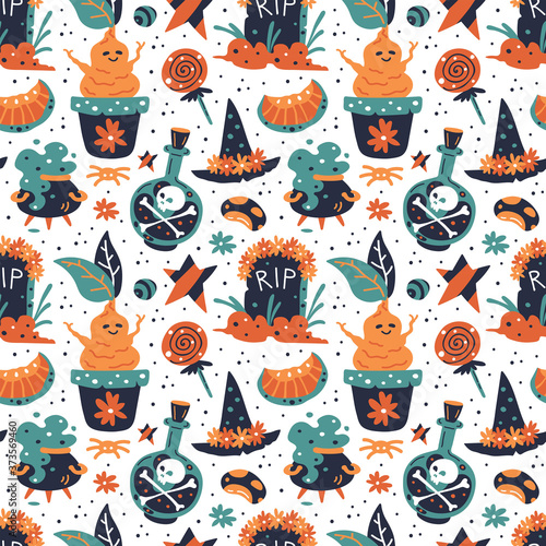 Happy Halloween seamless pattern, texture, background. Witch hat with flowers, sweets, skull, tomb, star, pumpkin, bean, mandrake, cauldron, poison bottle. Packaging paper design. 