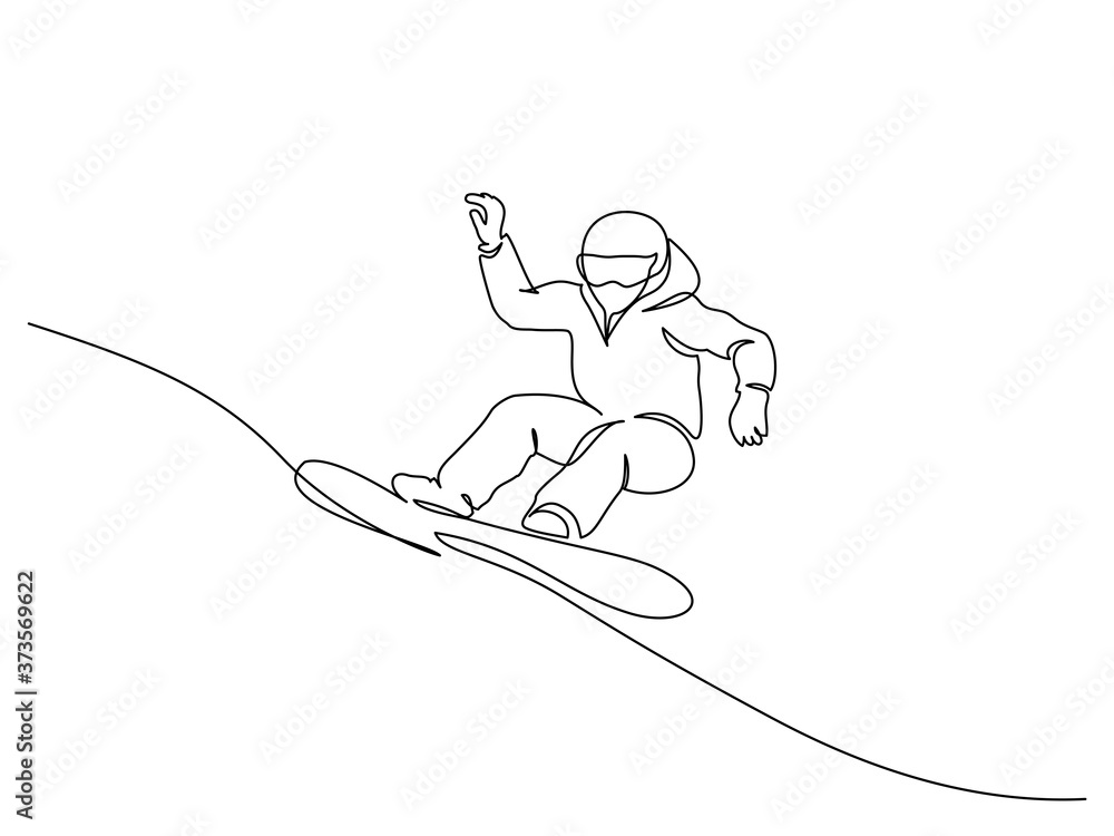 Young snowboarder man ride fast snowboard at snowy mountain.