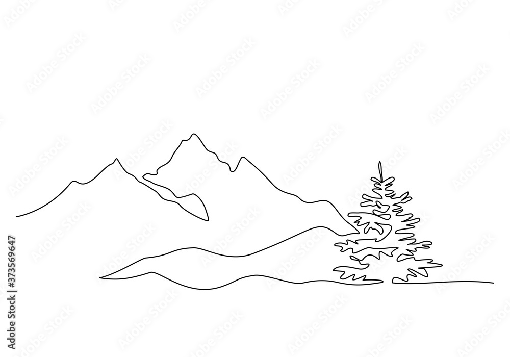 Mountain landscape, drawn in one line. Continuous line. Travels. Minimalistic graphics. Mountains and spruce. Mountain landscape, drawn in one line. Continuous line. Travels. Minimalistic graphics. Mountains and spruce.