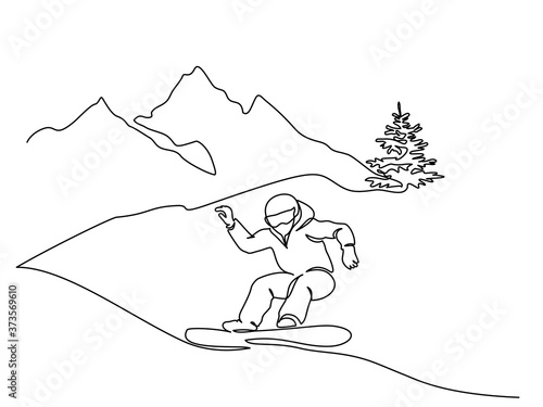 Young snowboarder man ride fast snowboard at snowy mountain.