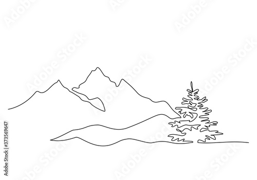 Mountain landscape, drawn in one line. Continuous line. Travels. Minimalistic graphics. Mountains and spruce.