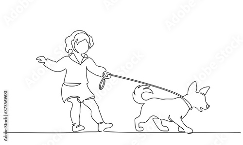 Continuous one line drawning. Little cute girl with dog on leash