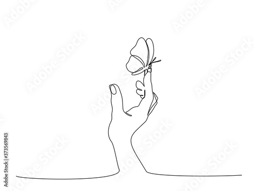 Hand with butterfly on finger. Continuous one line art