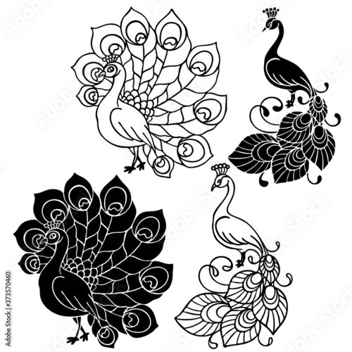 vector illustration, template in black, tattoo, peacock pattern, tropical bird, isolate on a white background