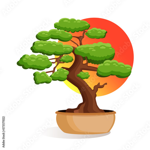 Vector illustration of a bonsai tree in a pot on the background of the sunset of the Japanese sun. Home miniature bonsai plant. Illustration for advertising, website, logo, banner, postcard, game.