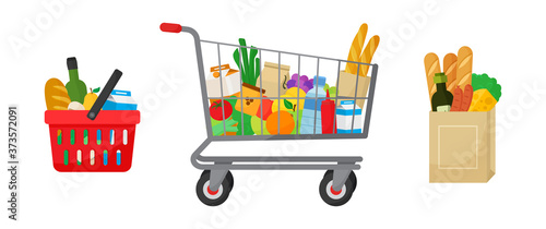 Grocery purchase set. Shopping basket and trolley, paper package with products. Foods and drinks, vegetables and fruits. Vector illustration