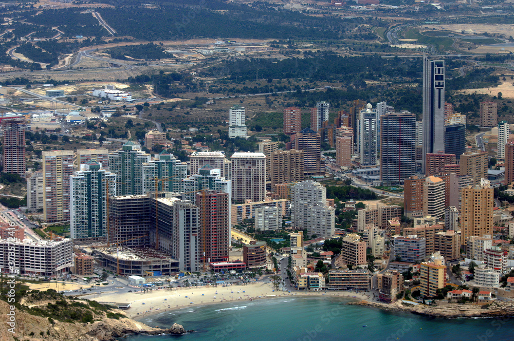 Aerial view of the coastal city of Benidorm Spain, beaches and large skyscrapers