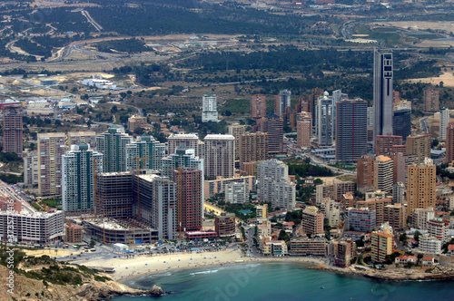 Aerial view of the coastal city of Benidorm Spain, beaches and large skyscrapers © JoseLuis