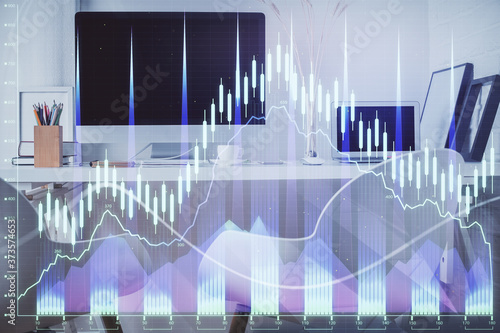 Double exposure of stock market graph drawing and office interior background. Concept of financial analysis. © peshkova