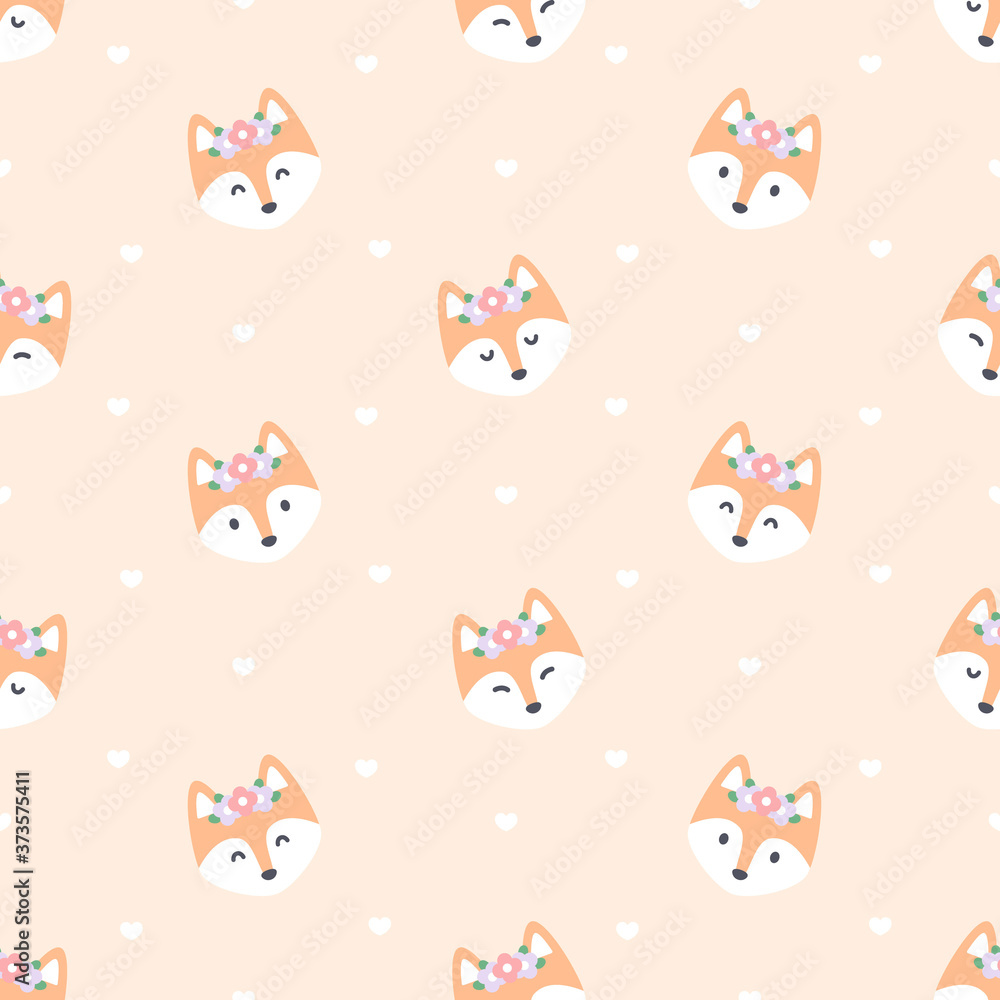 Cute red fox with flower crown seamless pattern background