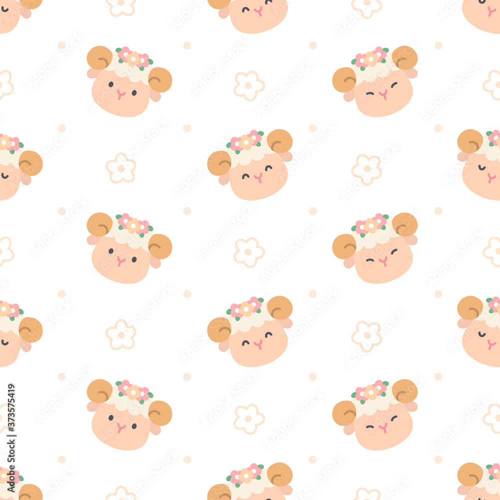 Cute sheep with flower crown seamless pattern background