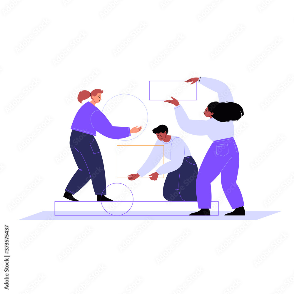 Flat illustration of three persons building something wih geometric figures. Three female characters holding circles and rectangles. Design architecture and engineering concept Flat illustration of three persons building something wih geometric figures. Three female characters holding circles and rectangles. Design architecture and engineering concept