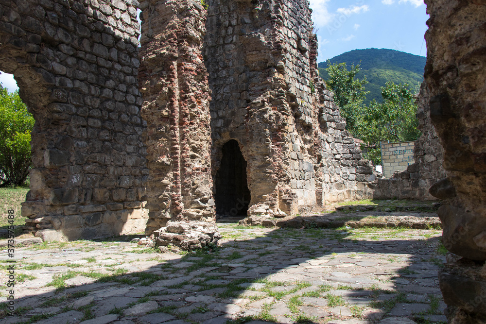 Ruins of ancient Alban church in Azerbaijan. Old historical buildings in Caucasia. The Qum Basilica in Gakh