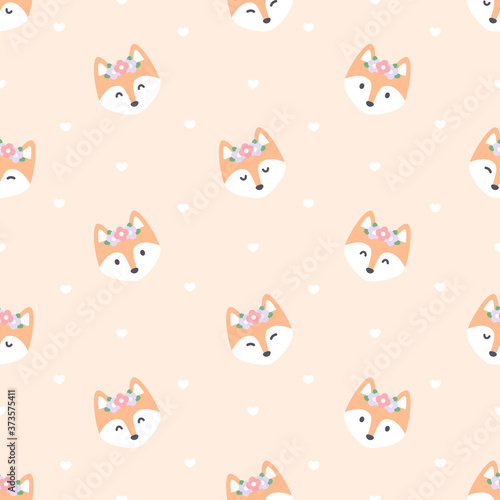 Cute red fox with flower crown seamless pattern background